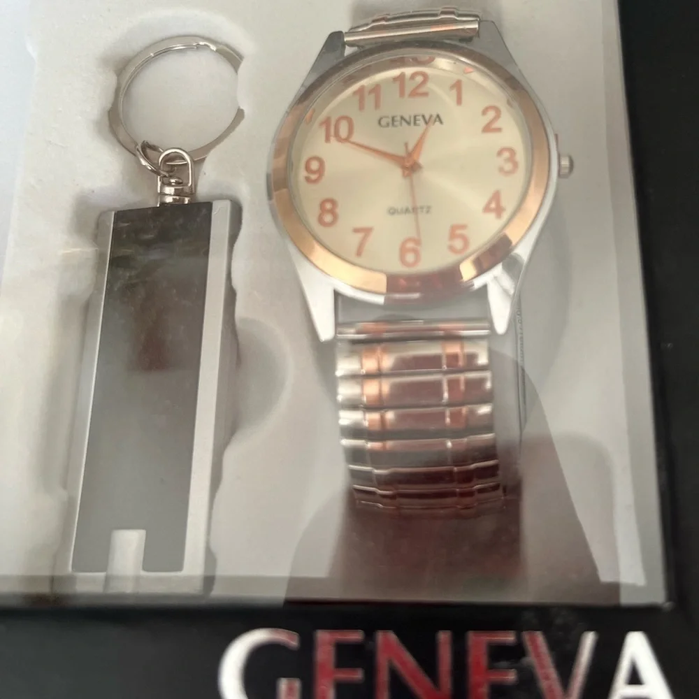 Geneva Two-Tone Silver and Gold Watch with Black Keychain Flashlight